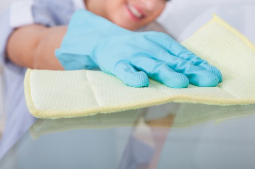 Cleaning technician using carpet extraction equipment indoors